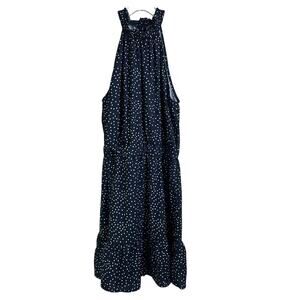 Midi Dress Wms Sz S Dark Blue White Polka Dot Ruffled Stretch Halter Neck Summer